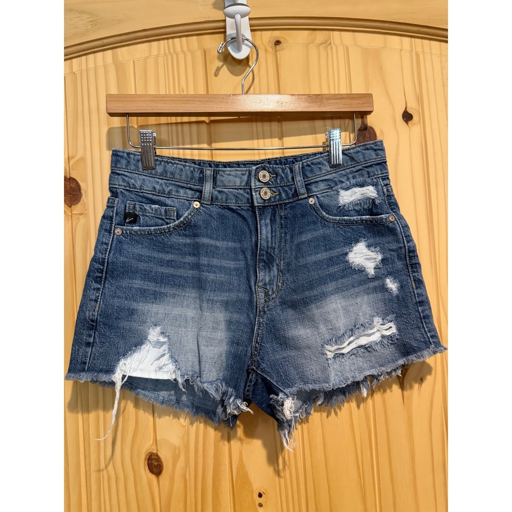 KanCan High Rise Distressed Denim Shorts Medium Wash Frayed Hem KC8560M Size S